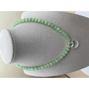 Green Glass Beaded Necklace with Clear Heart Pendant